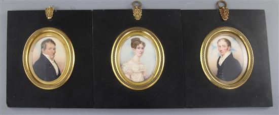 Early 19th century English School Portrait miniatures of a bride, a gentleman in blue coat and an older gentleman 2.75 x 2in., framed e